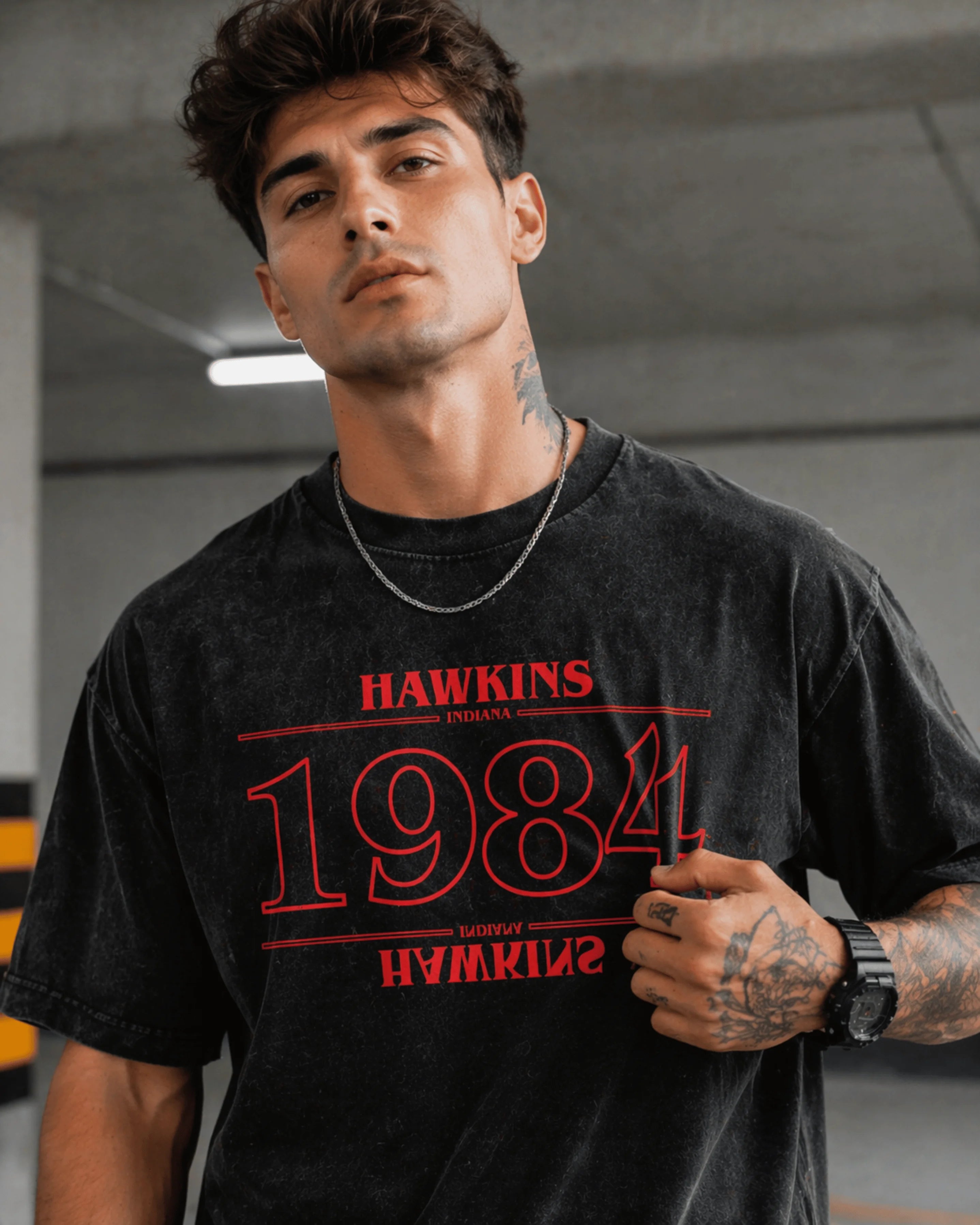 1984 Retro Graphic Men's Black Acid Wash T-Shirt (240 GSM)