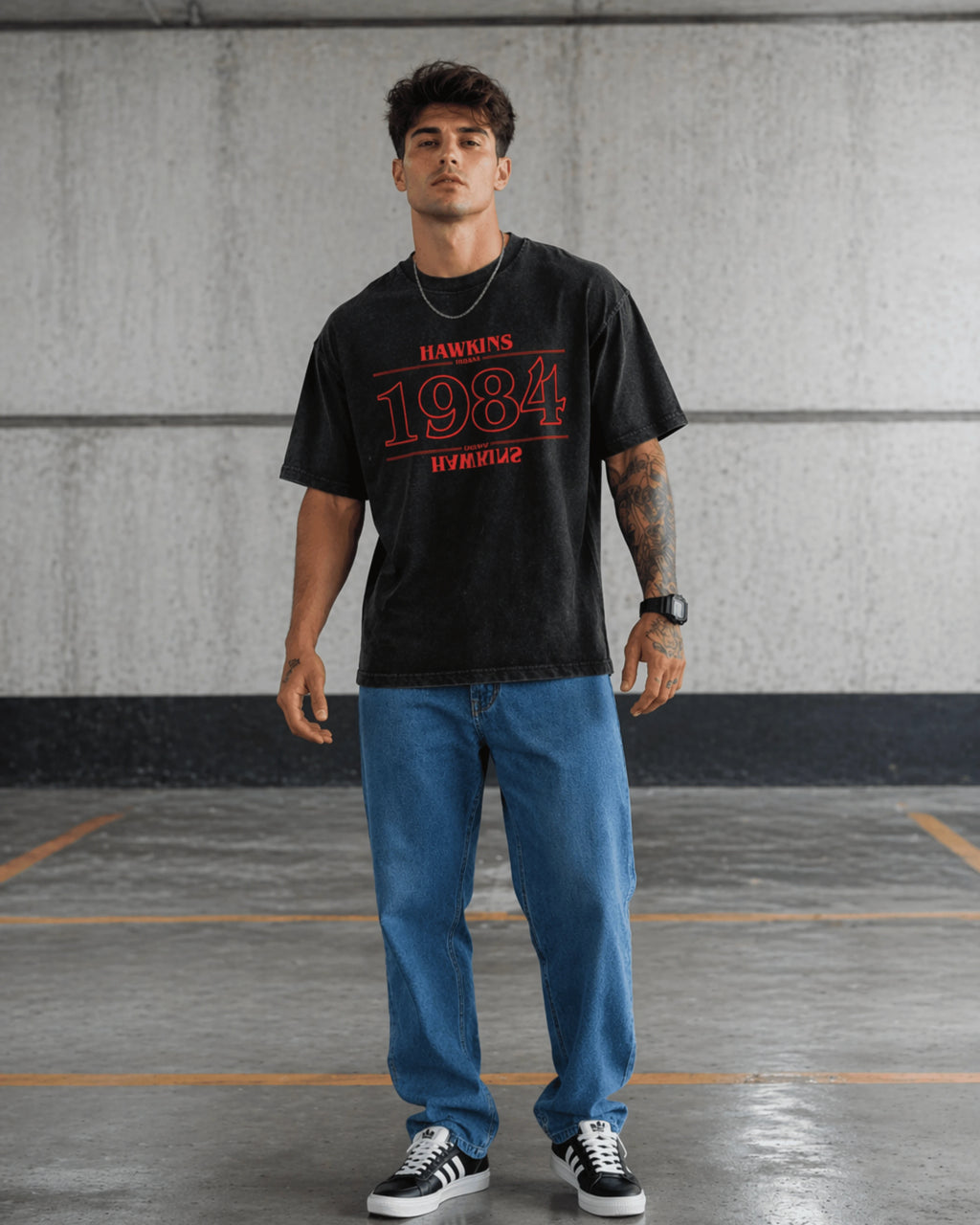 1984 Retro Graphic Men's Black Acid Wash T-Shirt (240 GSM)