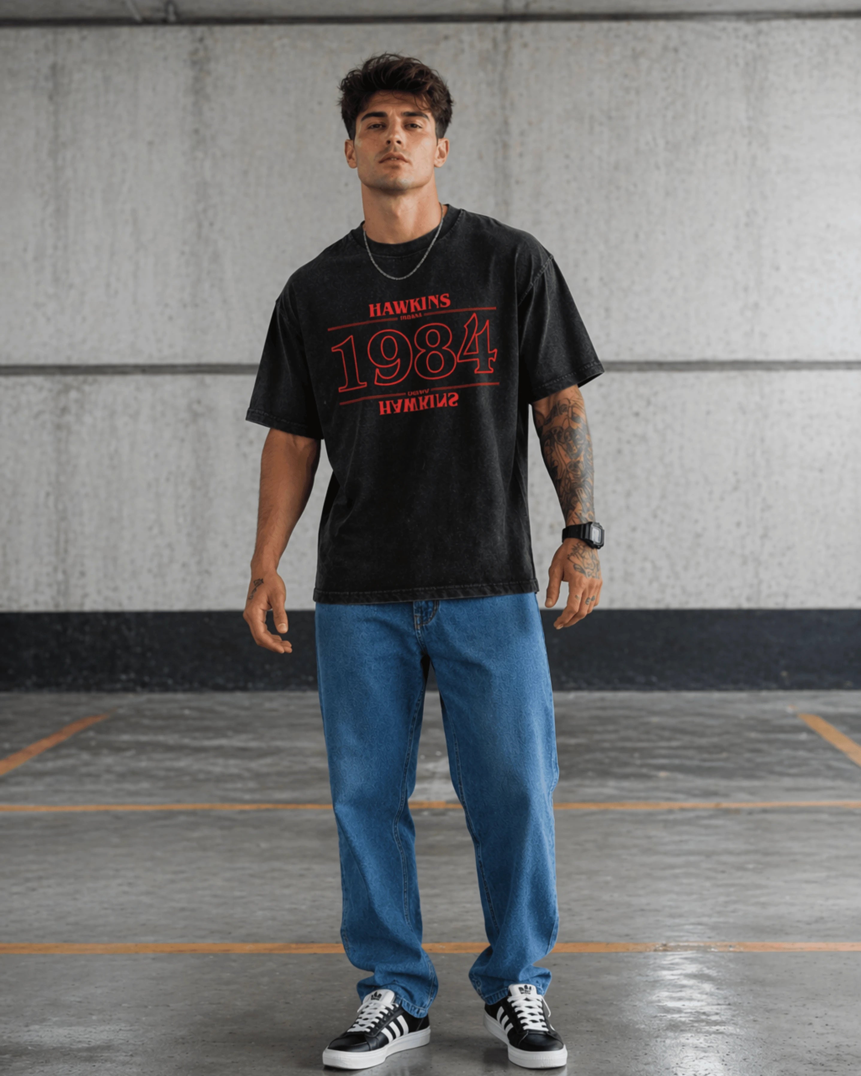 1984 Retro Graphic Men's Black Acid Wash T-Shirt (240 GSM)