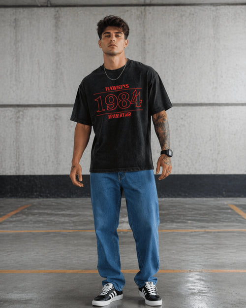 1984 Retro Graphic Men's Black Acid Wash T-Shirt (240 GSM)