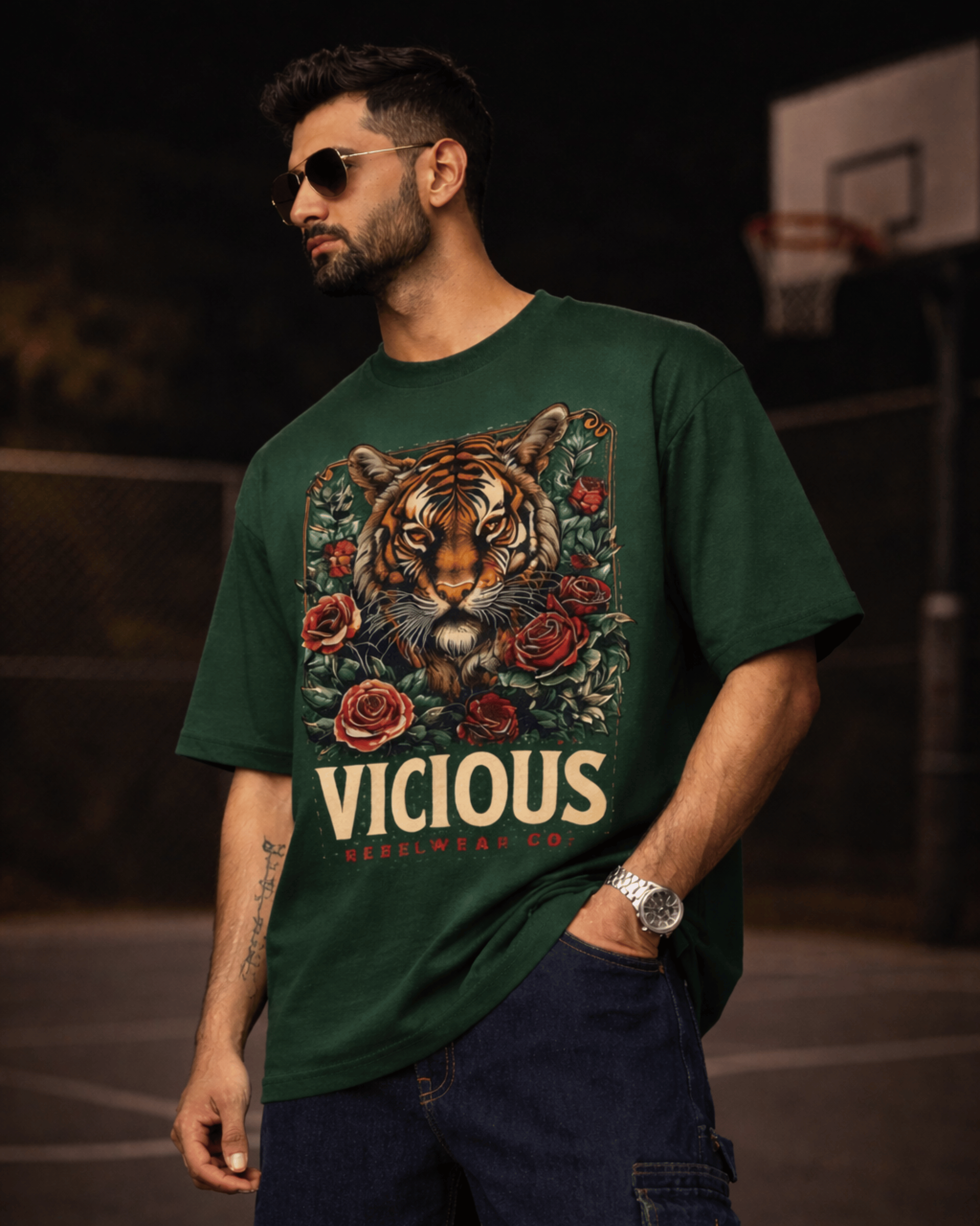 Vicious Tiger Graphic | Men’s Forest Green Oversized T-Shirt (240 GSM)