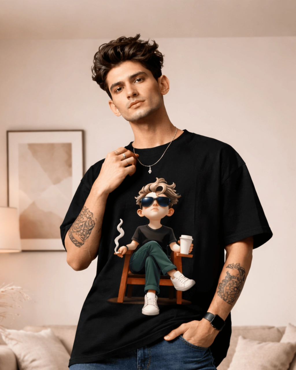 Boss Mode Men's Jet Black Oversized T-Shirt (240 GSM)