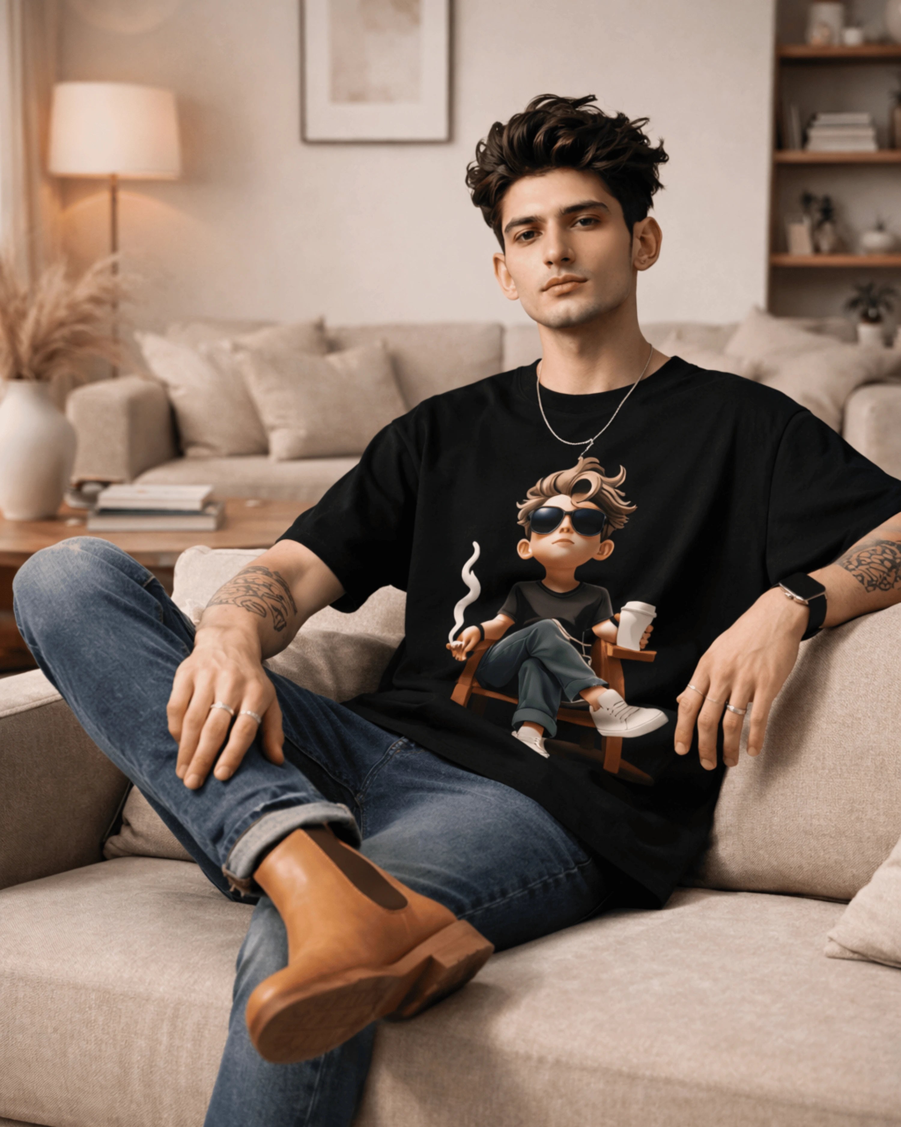 Boss Mode Men's Jet Black Oversized T-Shirt (240 GSM)