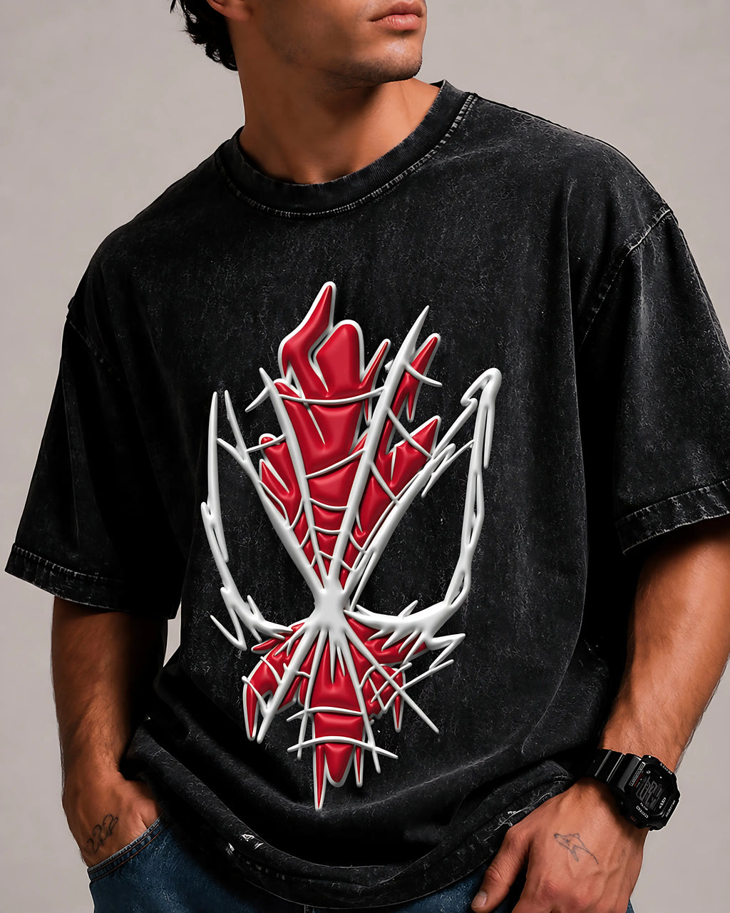 Red Spine Graphic Men's Black Acid Wash T-Shirt (240 GSM)