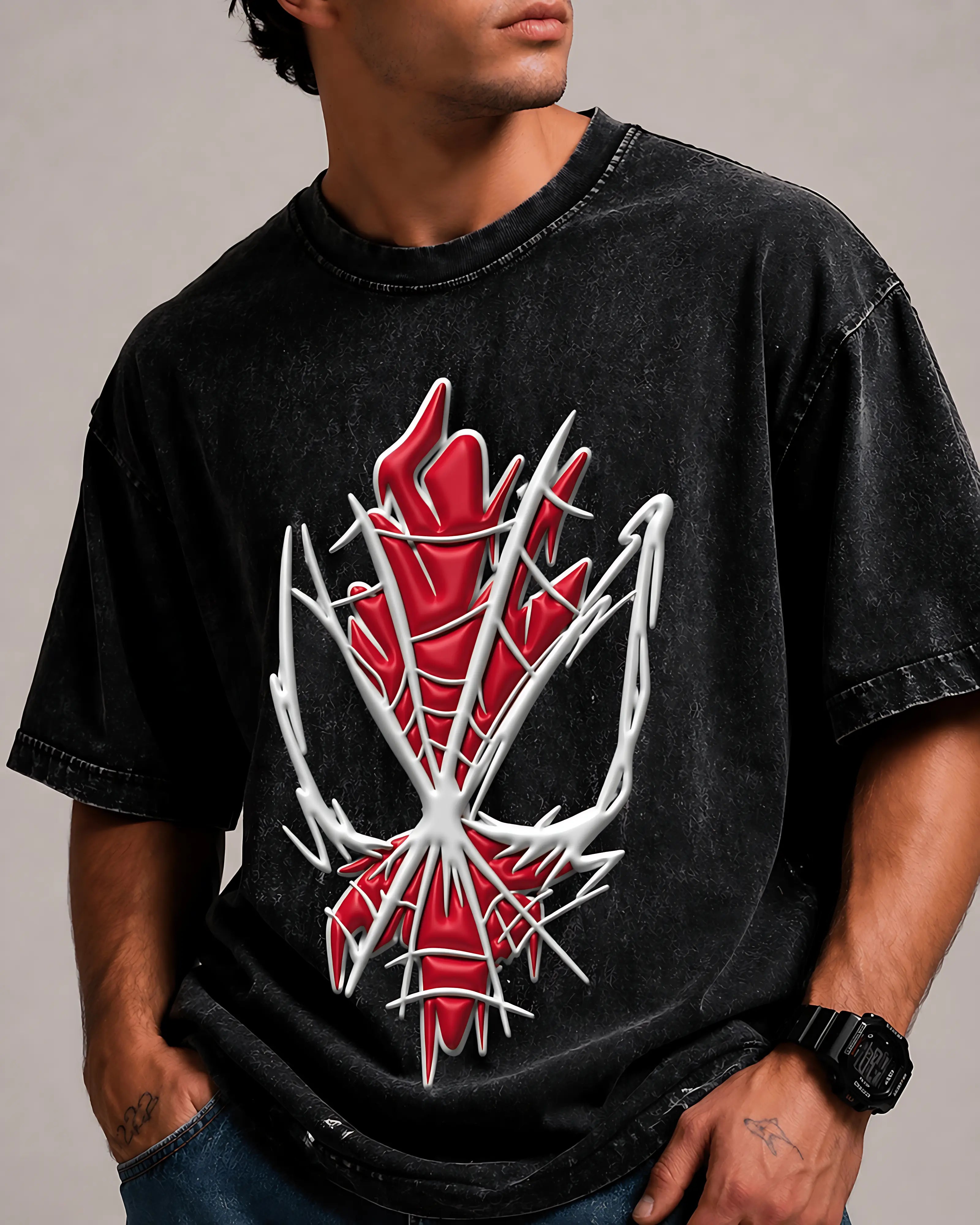 Red Spine Graphic Men's Black Acid Wash T-Shirt (240 GSM)