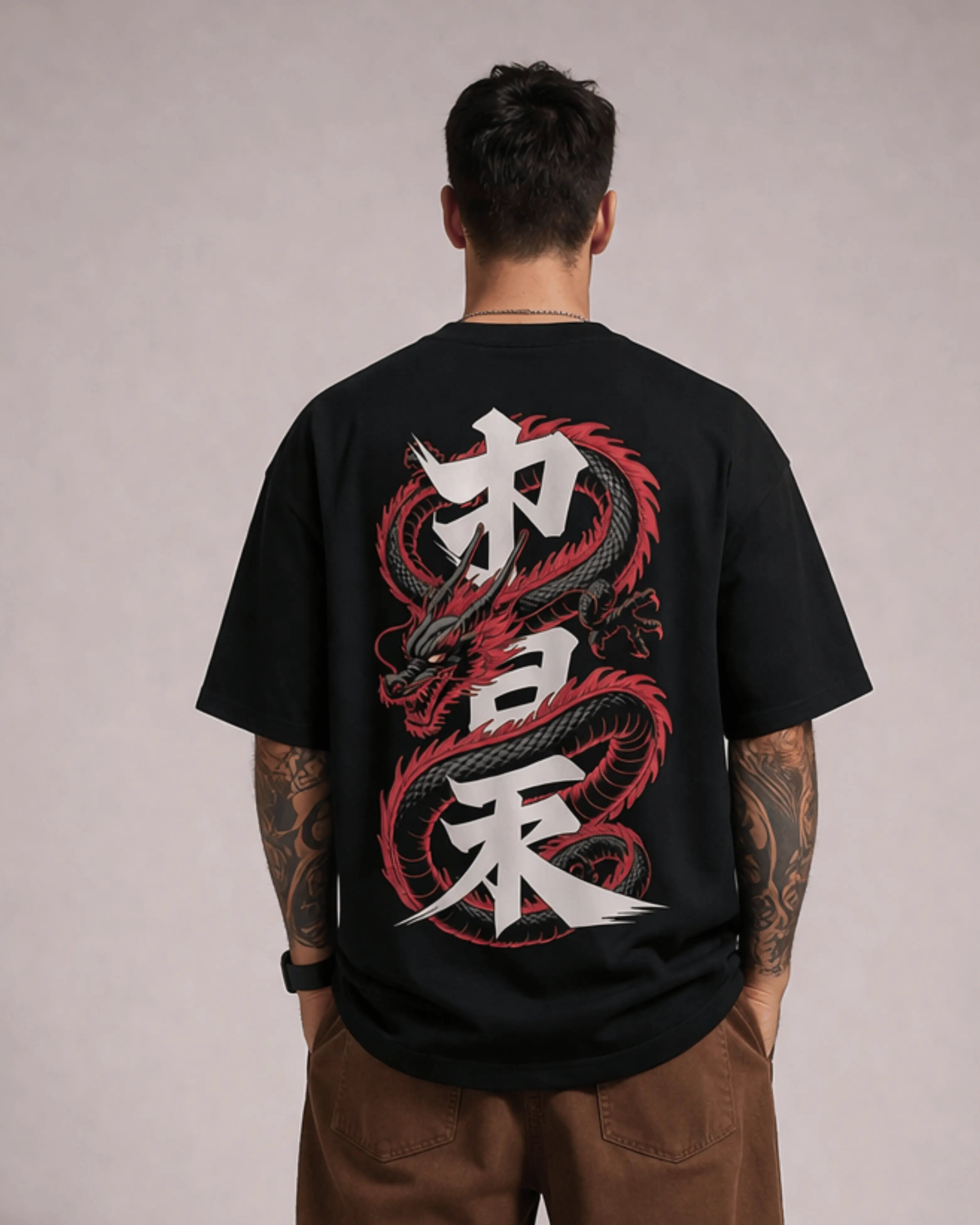 Dragon Samurai Graphic Men's Black Oversized T-Shirt (240 GSM)
