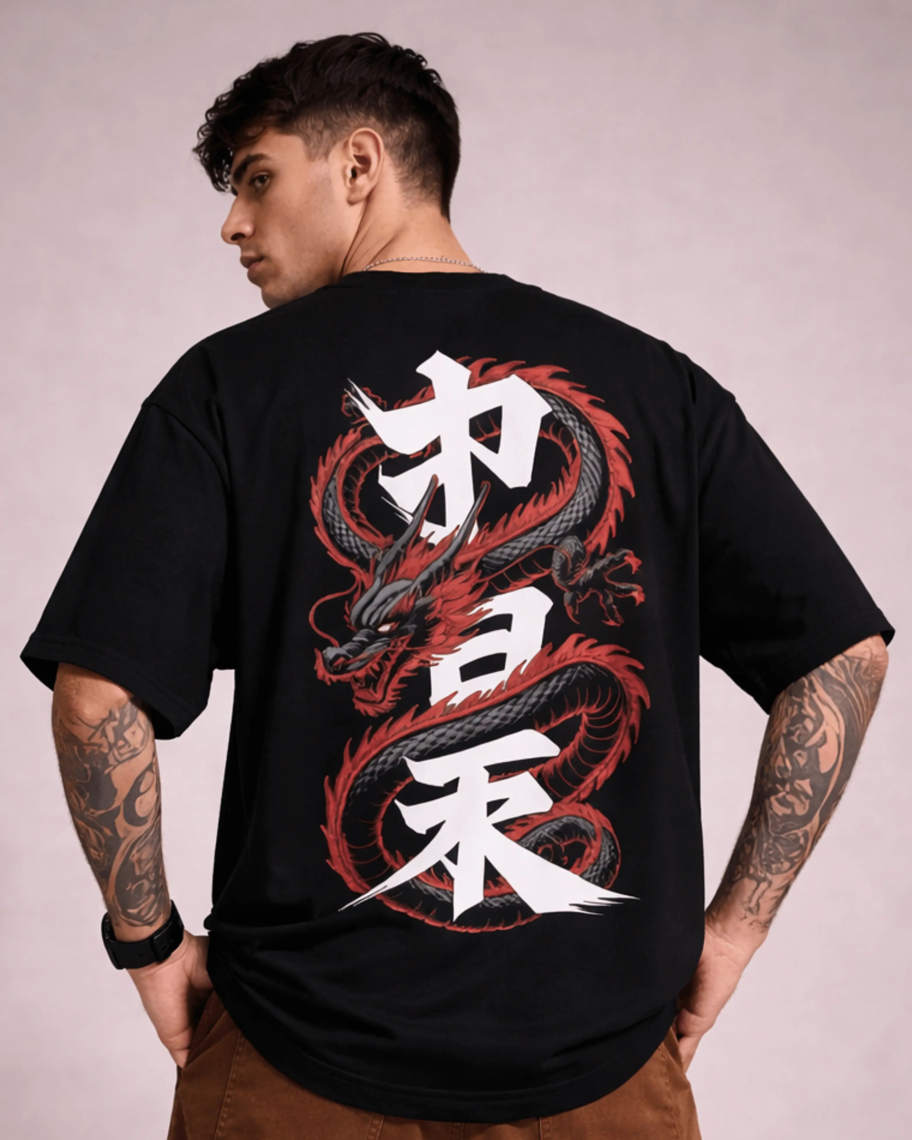 Dragon Samurai Graphic Men's Black Oversized T-Shirt (240 GSM)
