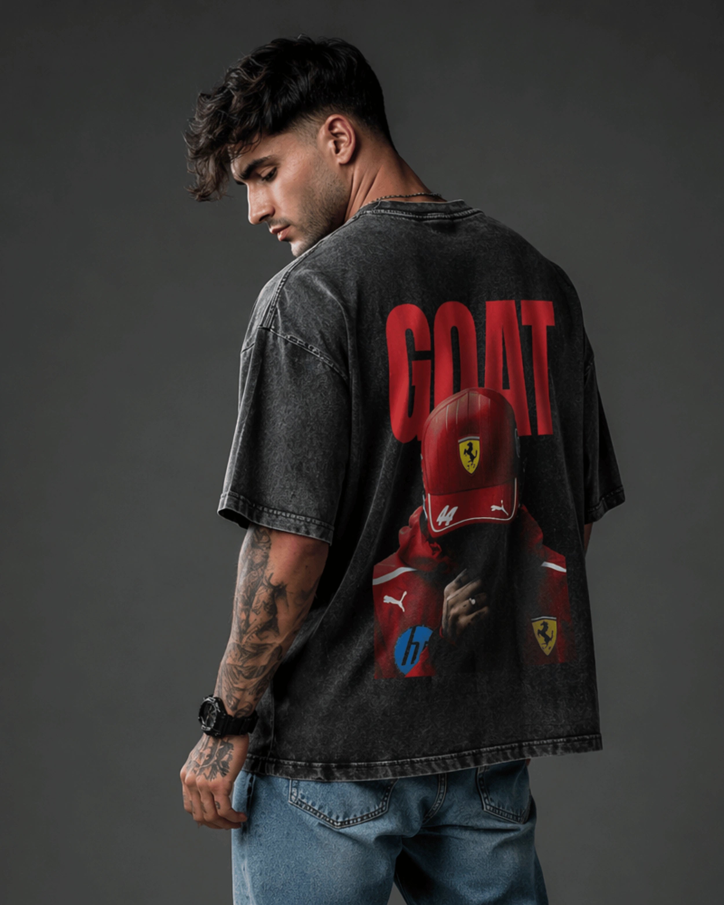 Ferrari Era GOAT Dark Men's Gray Acid Wash T-Shirt (240 GSM)
