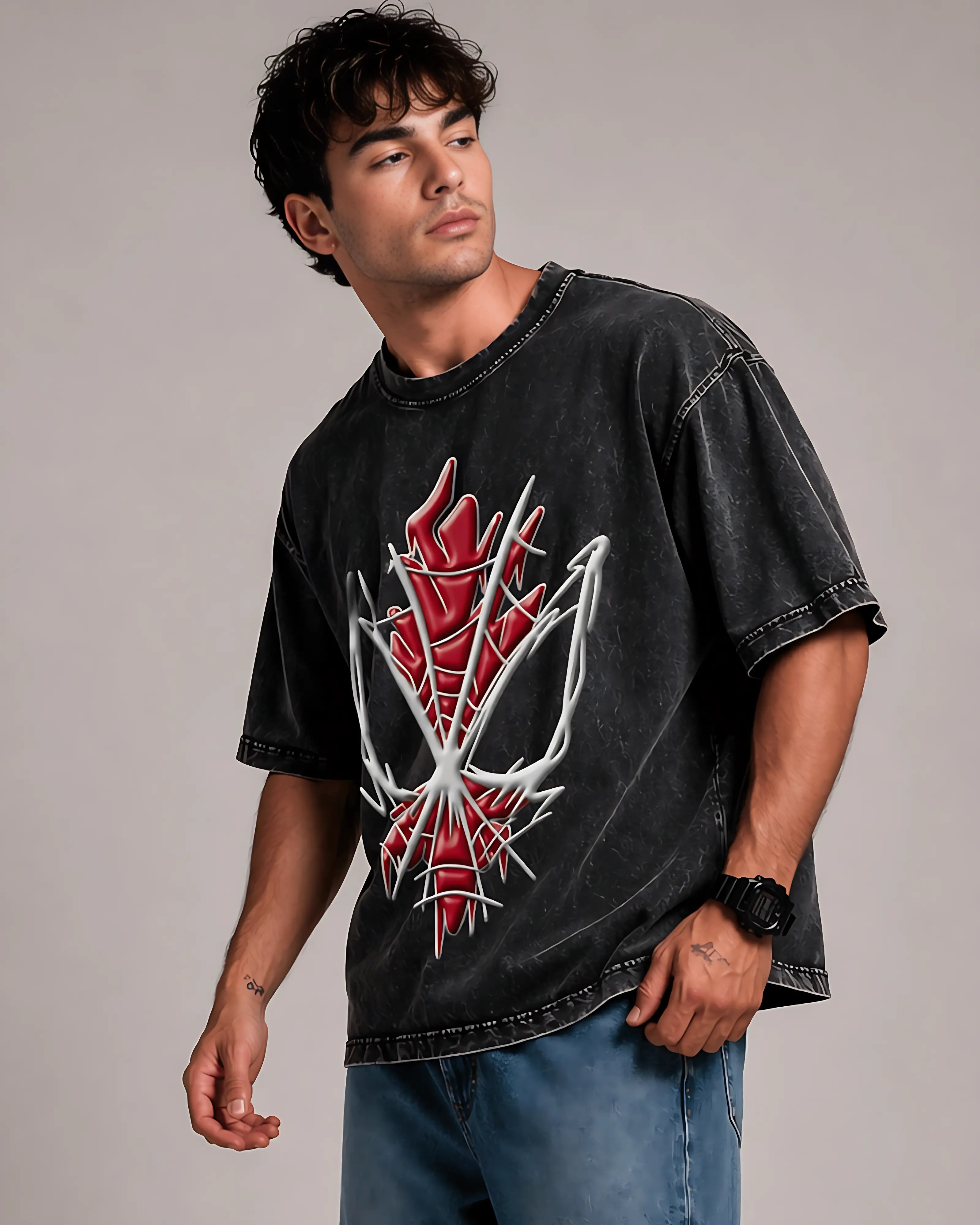 Red Spine Graphic Men's Black Acid Wash T-Shirt (240 GSM)