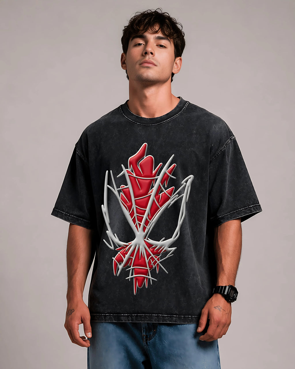 Red Spine Graphic Men's Black Acid Wash T-Shirt (240 GSM)