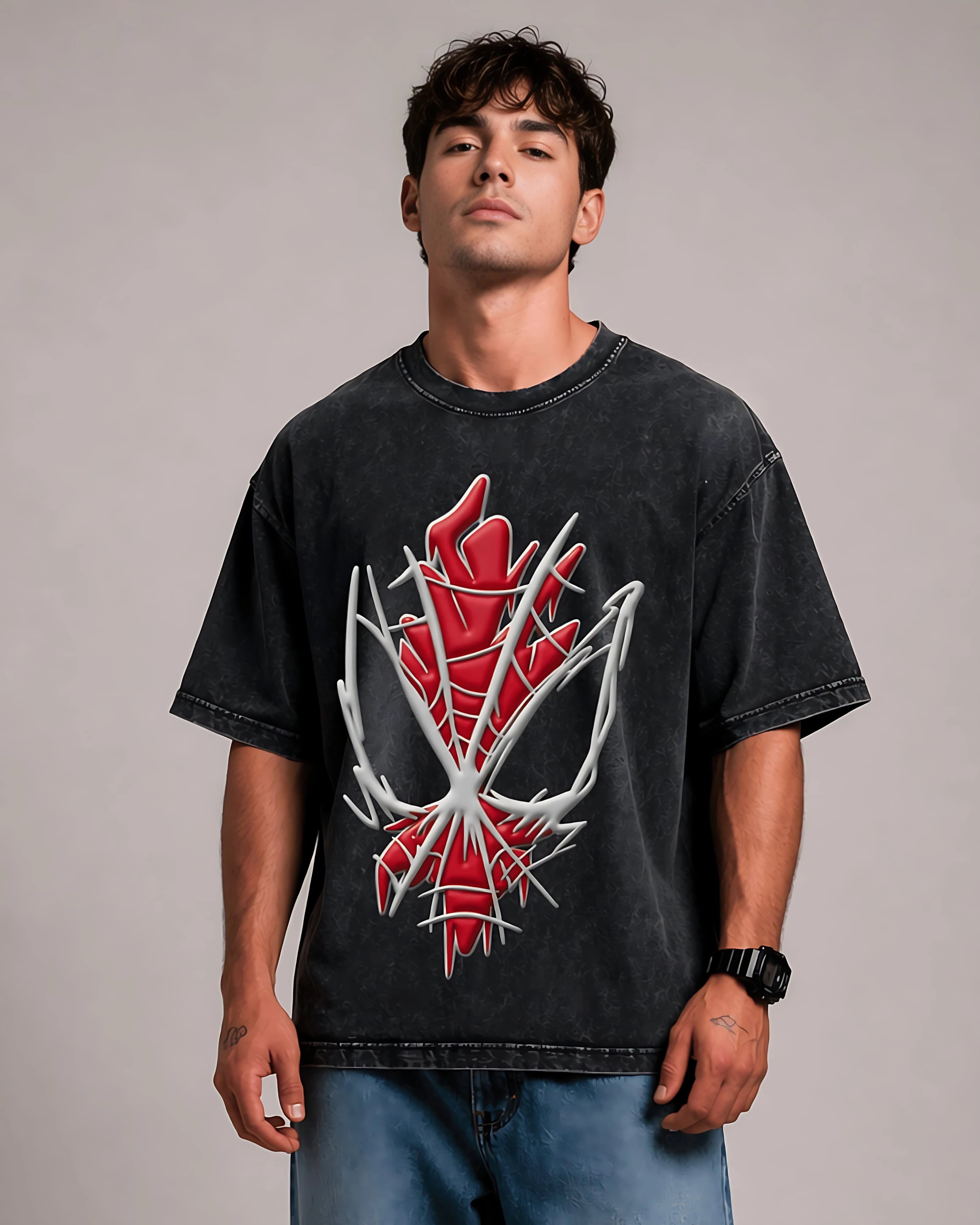 Red Spine Graphic Men's Black Acid Wash T-Shirt (240 GSM)