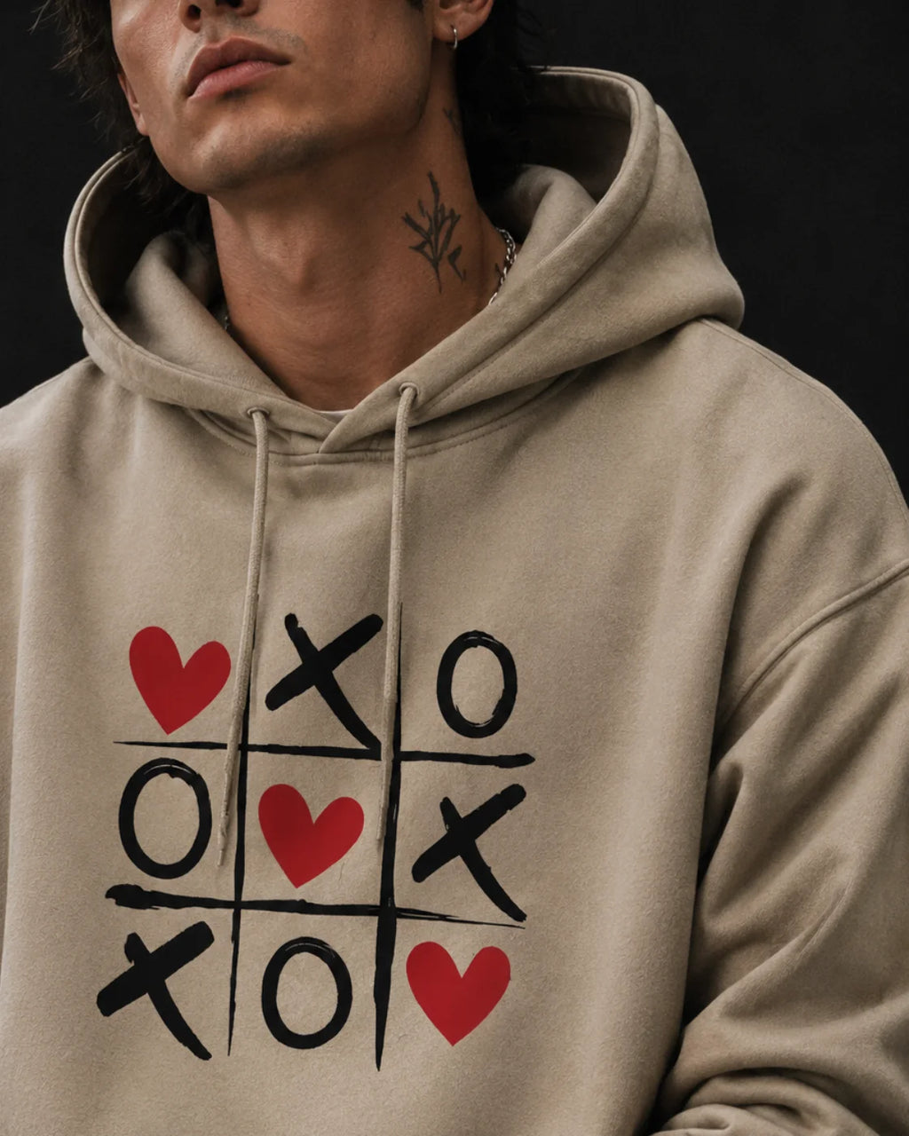 XOXO Heart Tic Tac Toe Graphic Hoodie – Sand Beige (360 GSM)