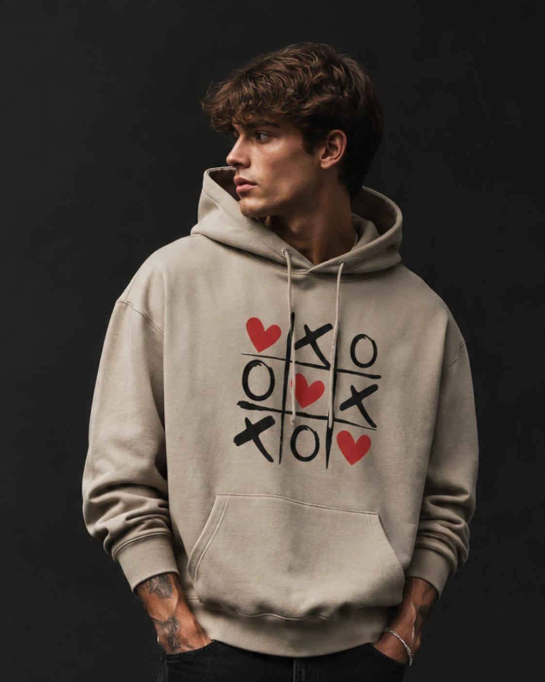 XOXO Heart Tic Tac Toe Graphic Hoodie – Sand Beige (360 GSM)