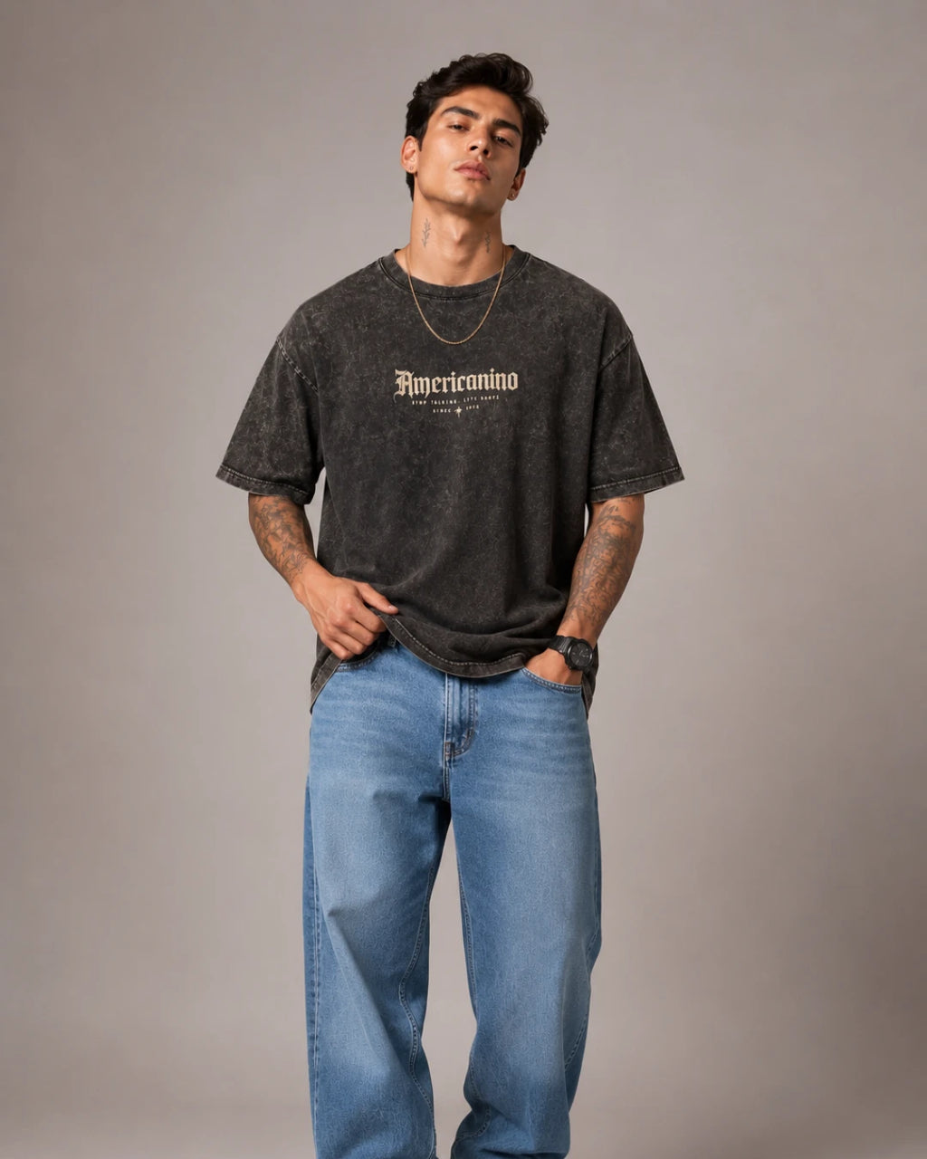 Americanino Gothic Script Men's Black Acid Wash T-Shirt (240 GSM)