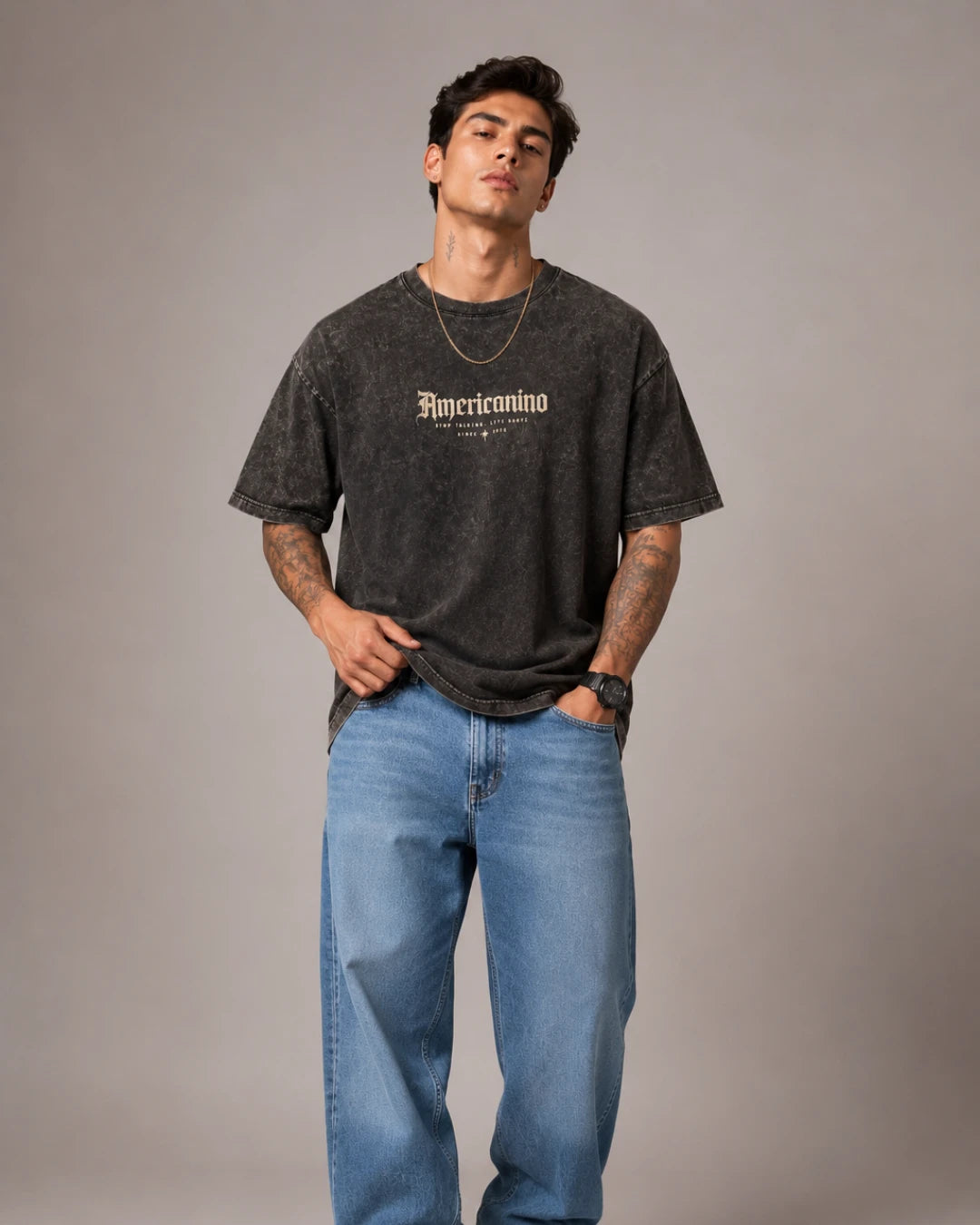 Americanino Gothic Script Men's Black Acid Wash T-Shirt (240 GSM)