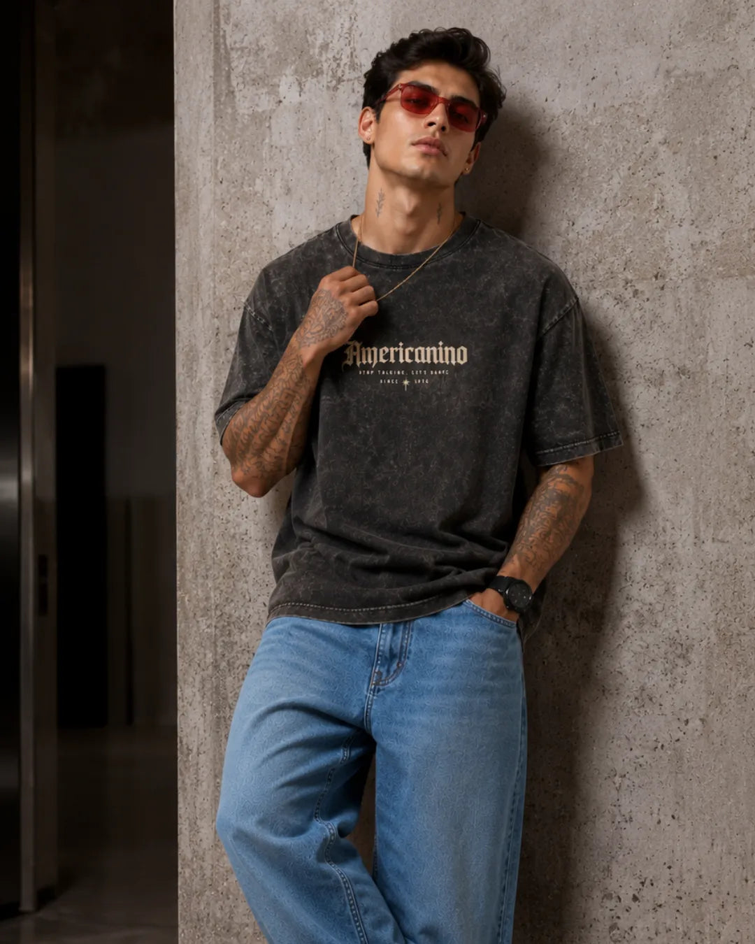 Americanino Gothic Script Men's Black Acid Wash T-Shirt (240 GSM)
