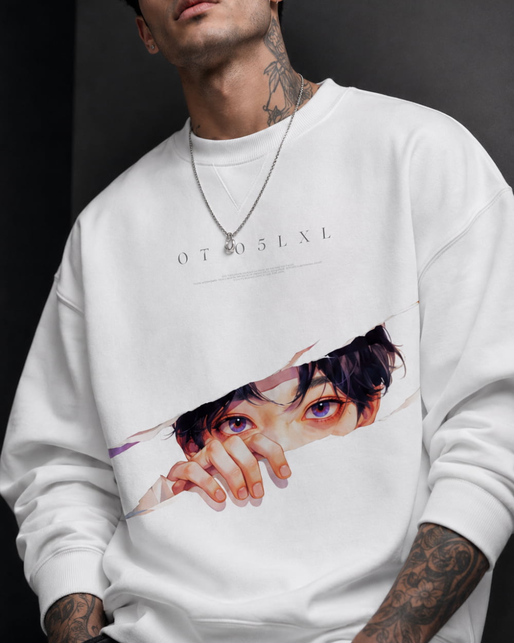 Anime Eyes Peeking Graphic Streetwear Sweatshirt – White (350 GSM)