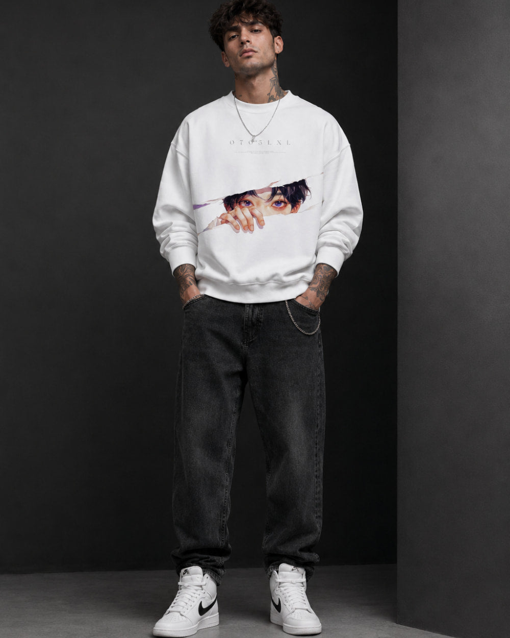 Anime Eyes Peeking Graphic Streetwear Sweatshirt – White (350 GSM)