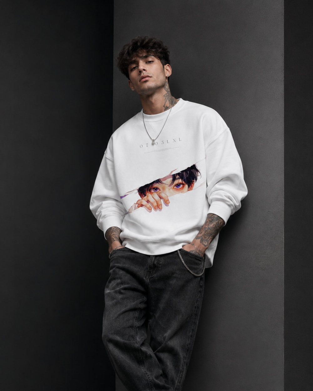 Anime Eyes Peeking Graphic Streetwear Sweatshirt – White (350 GSM)
