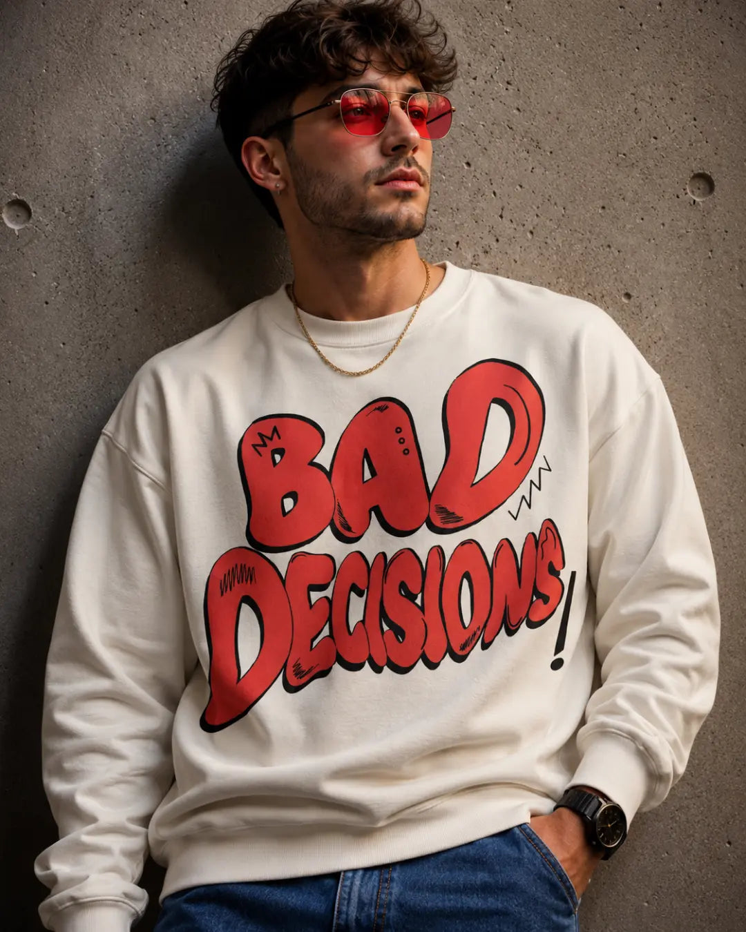 Bad Decisions Bold Graffiti Graphic Streetwear Sweatshirt – White (350 GSM)
