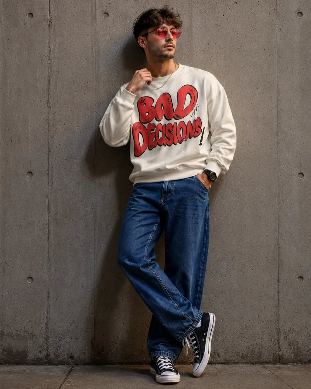 Bad Decisions Bold Graffiti Graphic Streetwear Sweatshirt – White (350 GSM)