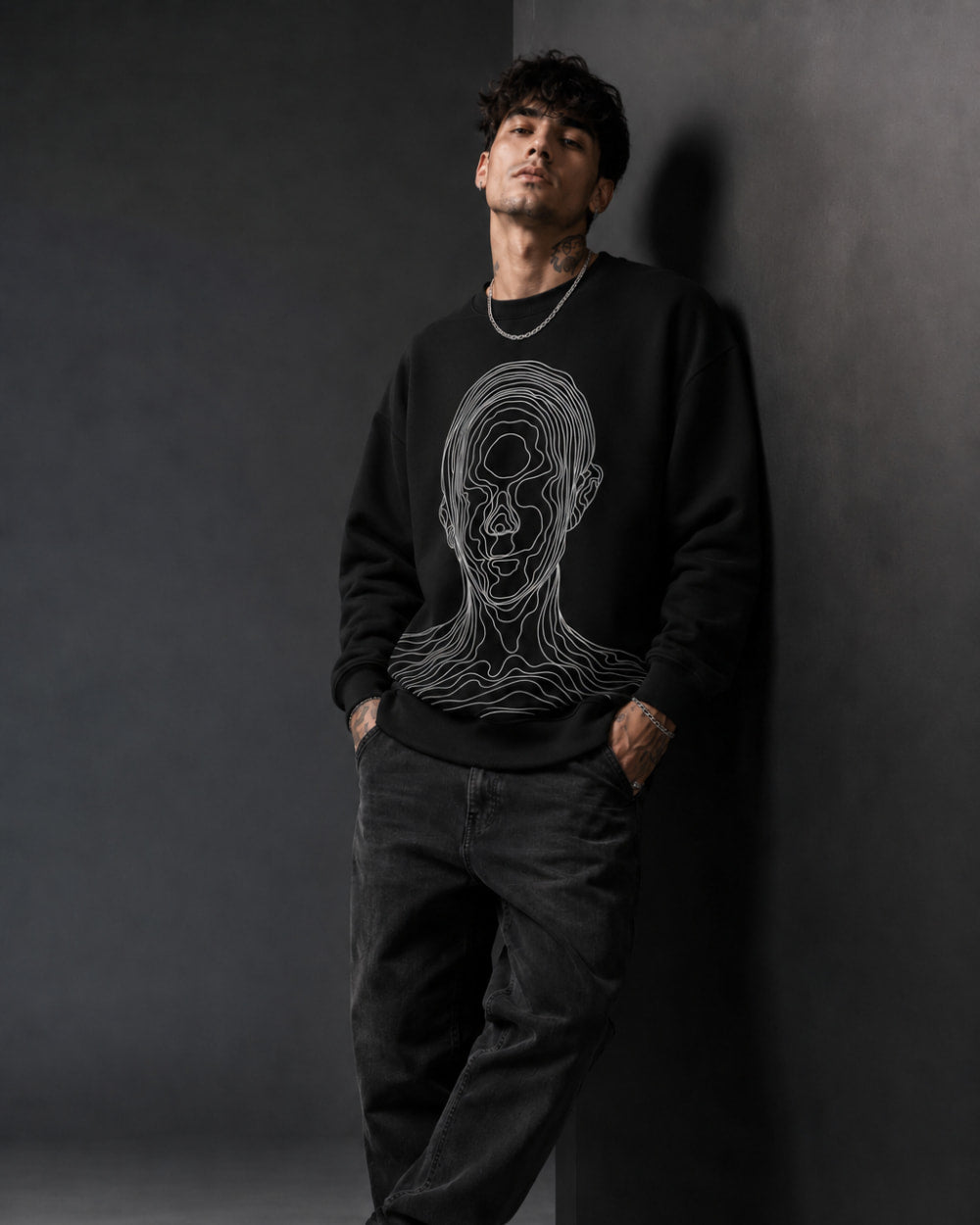 Abstract Face Line Art Streetwear Sweatshirt – Black (350 GSM)