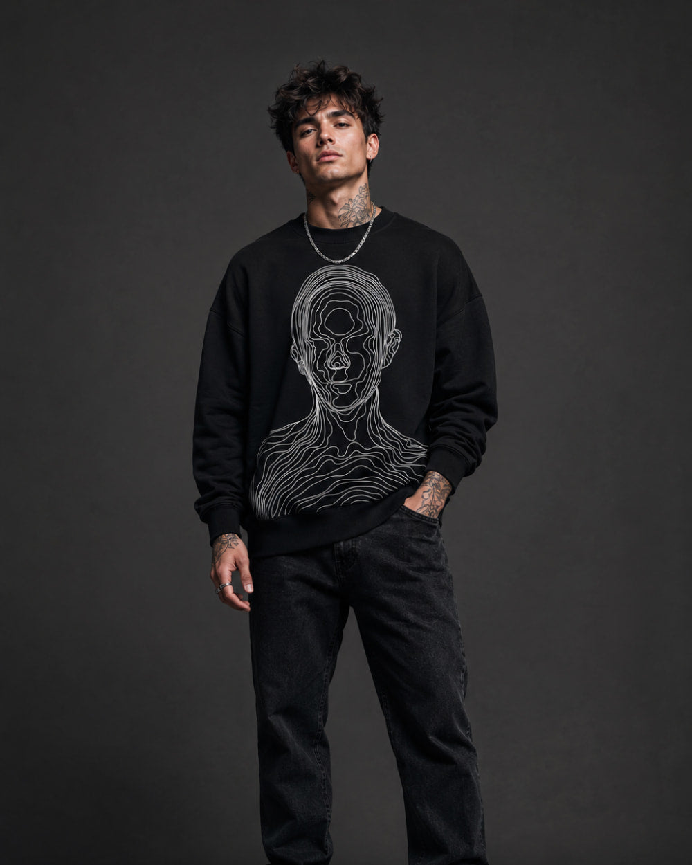 Abstract Face Line Art Streetwear Sweatshirt – Black (350 GSM)
