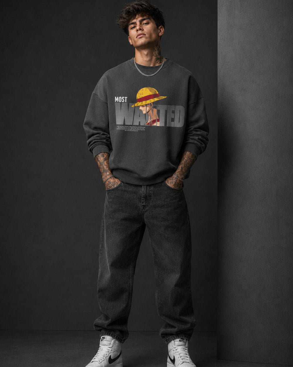Most Wanted Anime Graphic Streetwear Sweatshirt – Charcoal (350 GSM)