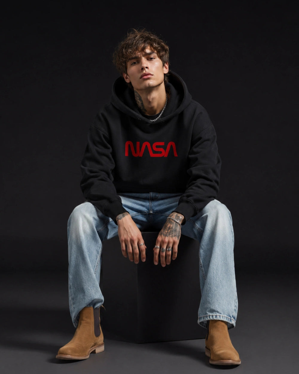 NASA Worm Logo Graphic Streetwear Hoodie – Black (360 GSM)