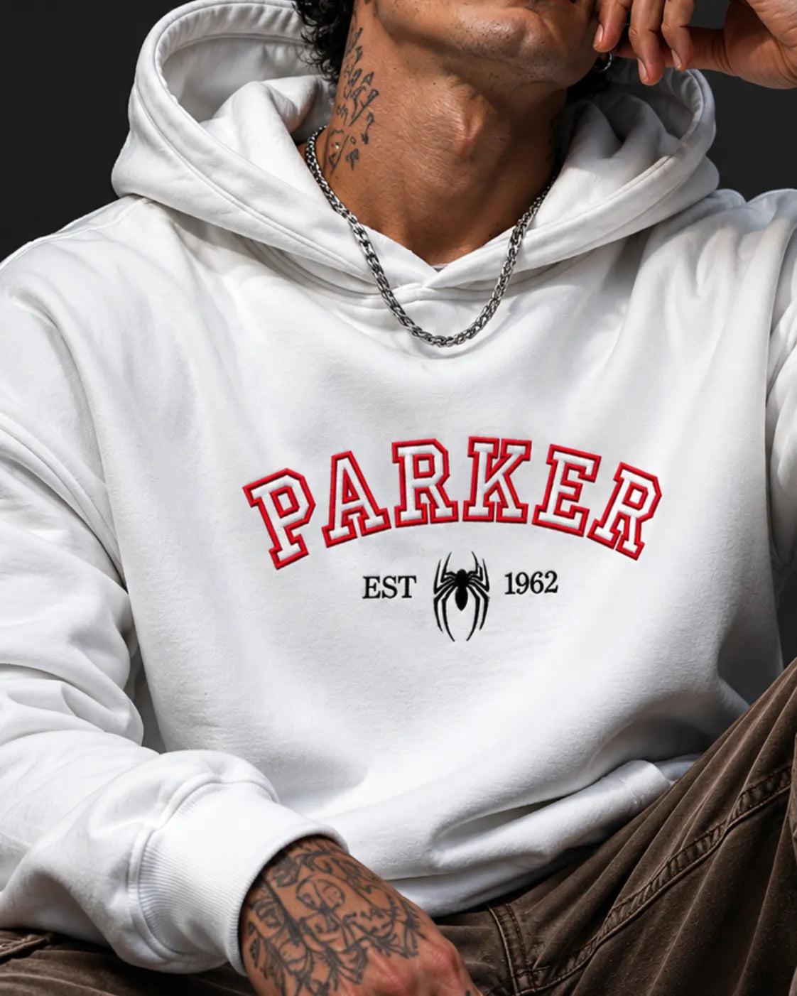 Parker Est. 1962 Spider Collegiate Graphic Hoodie – White (360 GSM)