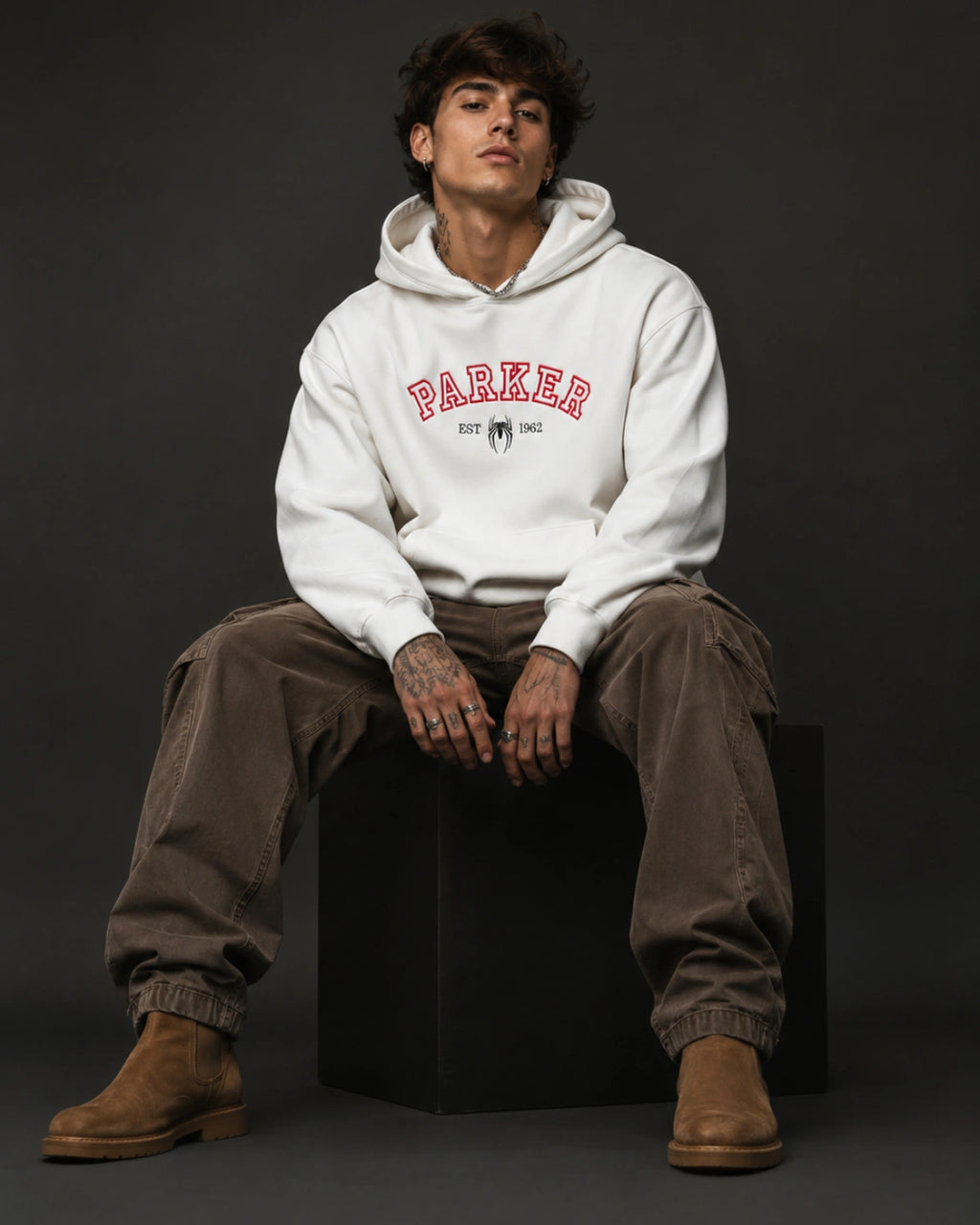 Parker Est. 1962 Spider Collegiate Graphic Hoodie – White (360 GSM)
