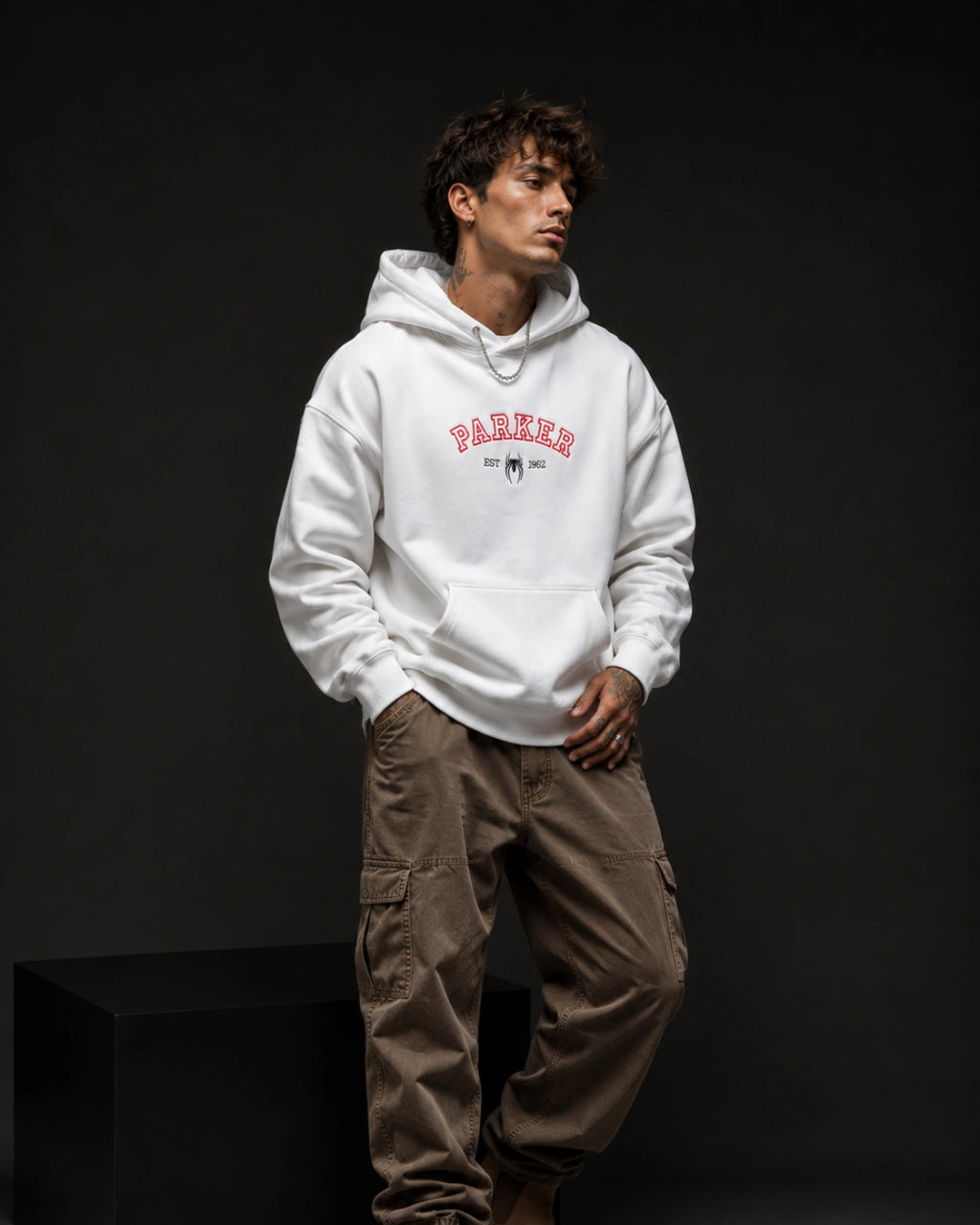 Parker Est. 1962 Spider Collegiate Graphic Hoodie – White (360 GSM)