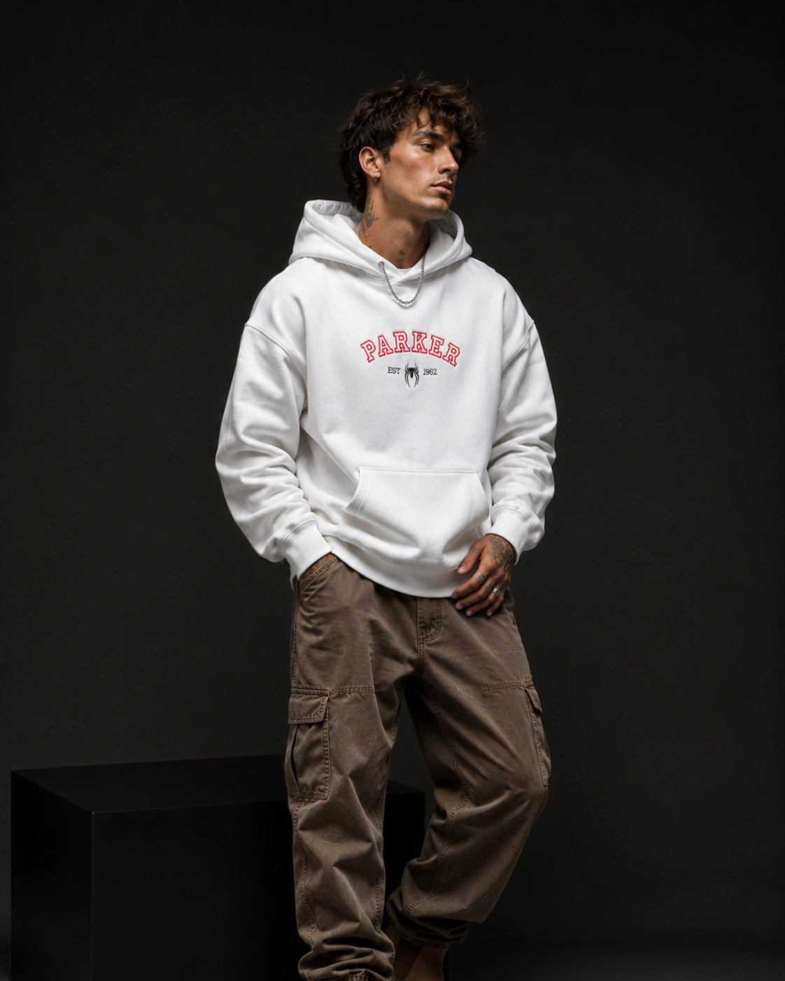Parker Est. 1962 Spider Collegiate Graphic Hoodie – White (360 GSM)
