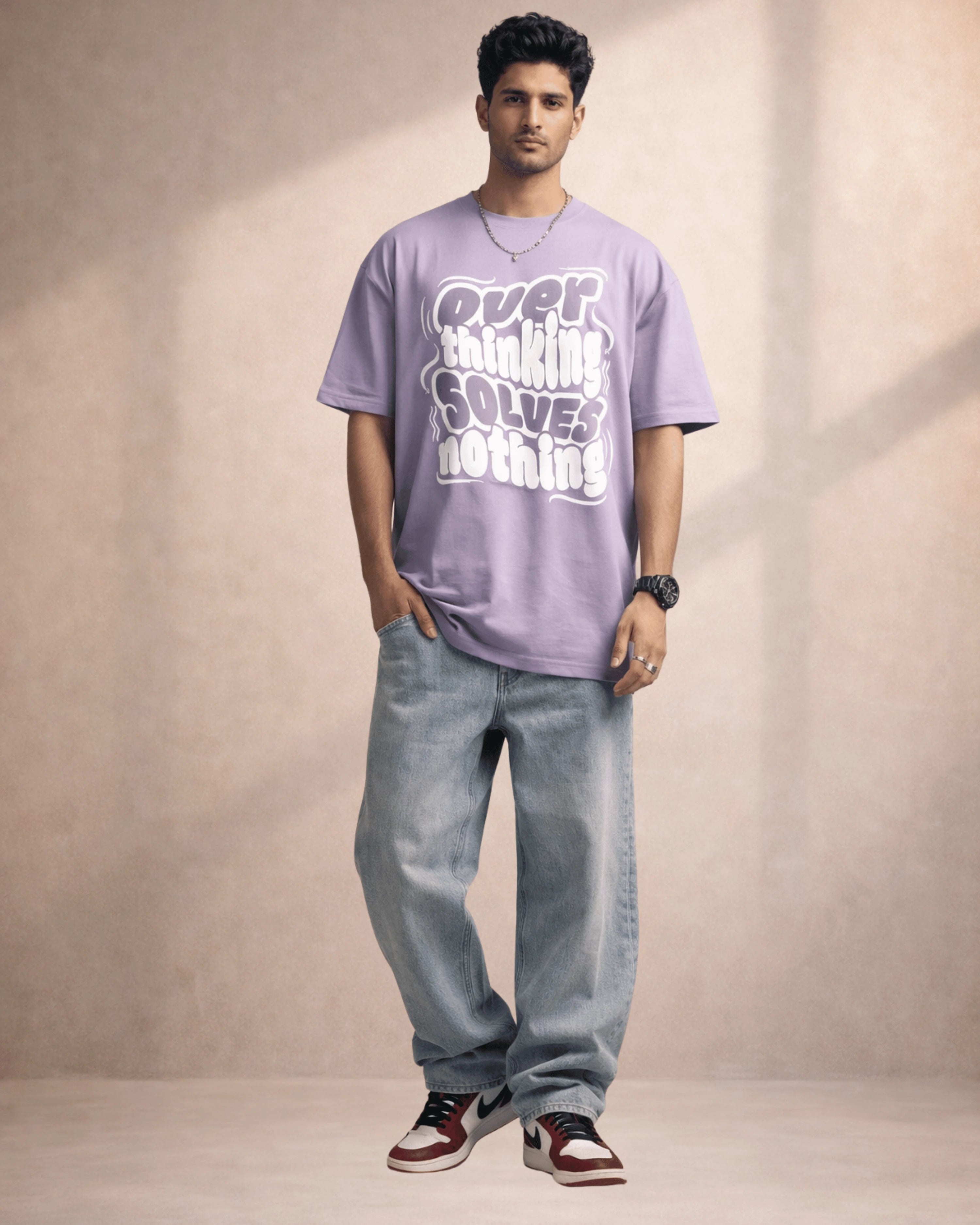 Purple Overthinking Quote Graphic Men’s Oversized T-Shirt (240 GSM)