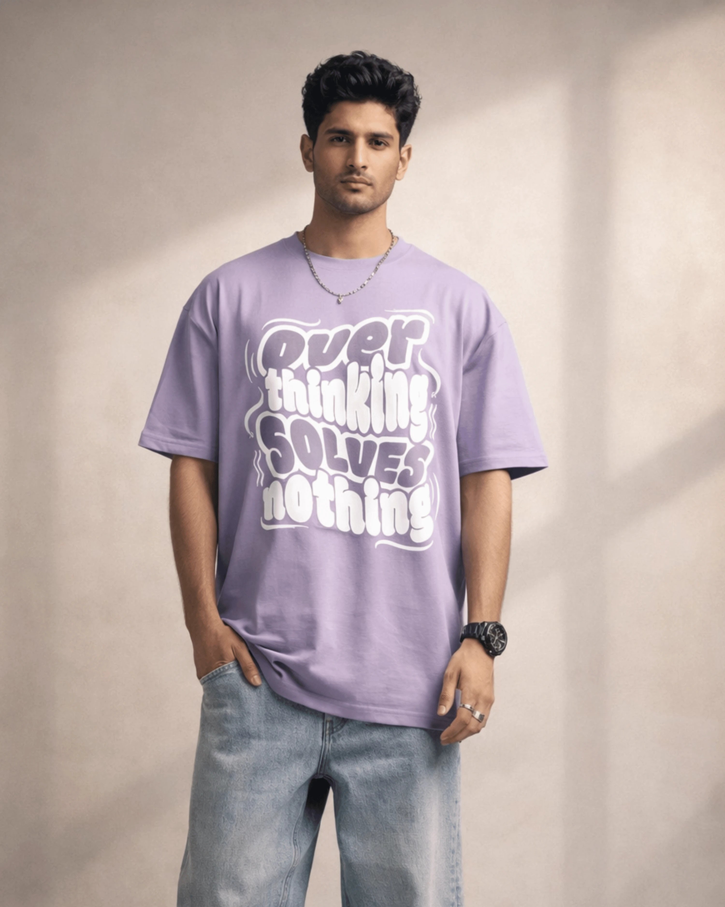 Purple Overthinking Quote Graphic Men’s Oversized T-Shirt (240 GSM)