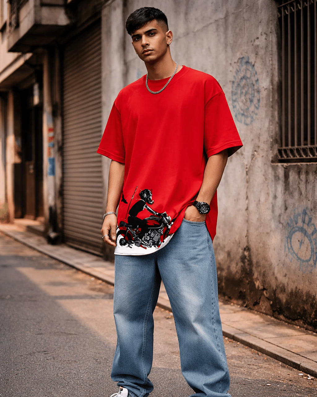 Red Motorcycle Graphic Men’s Oversized T-Shirt (240 GSM)