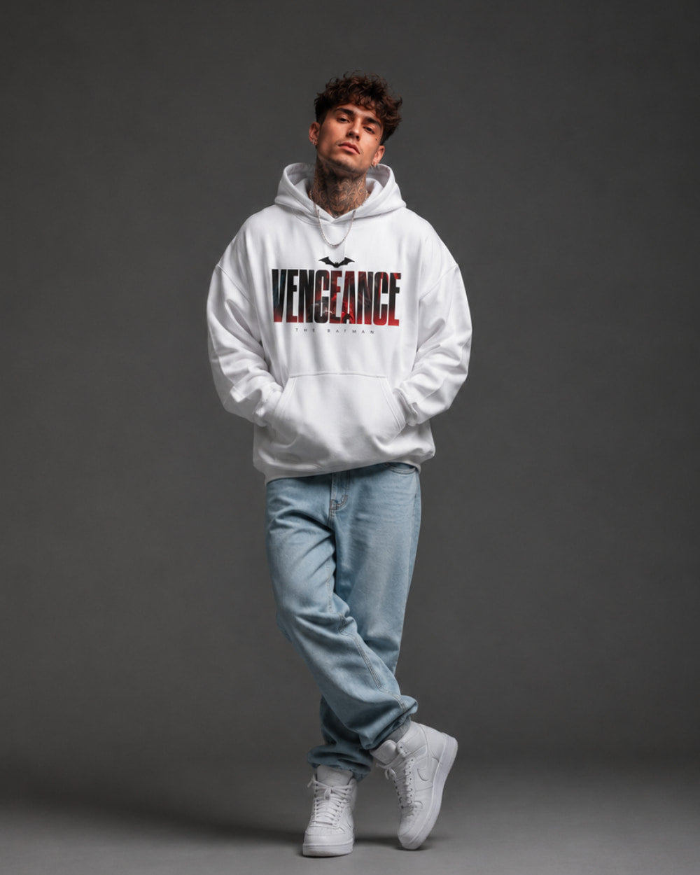 Vengeance Graphic Streetwear Hoodie – White (360 GSM)