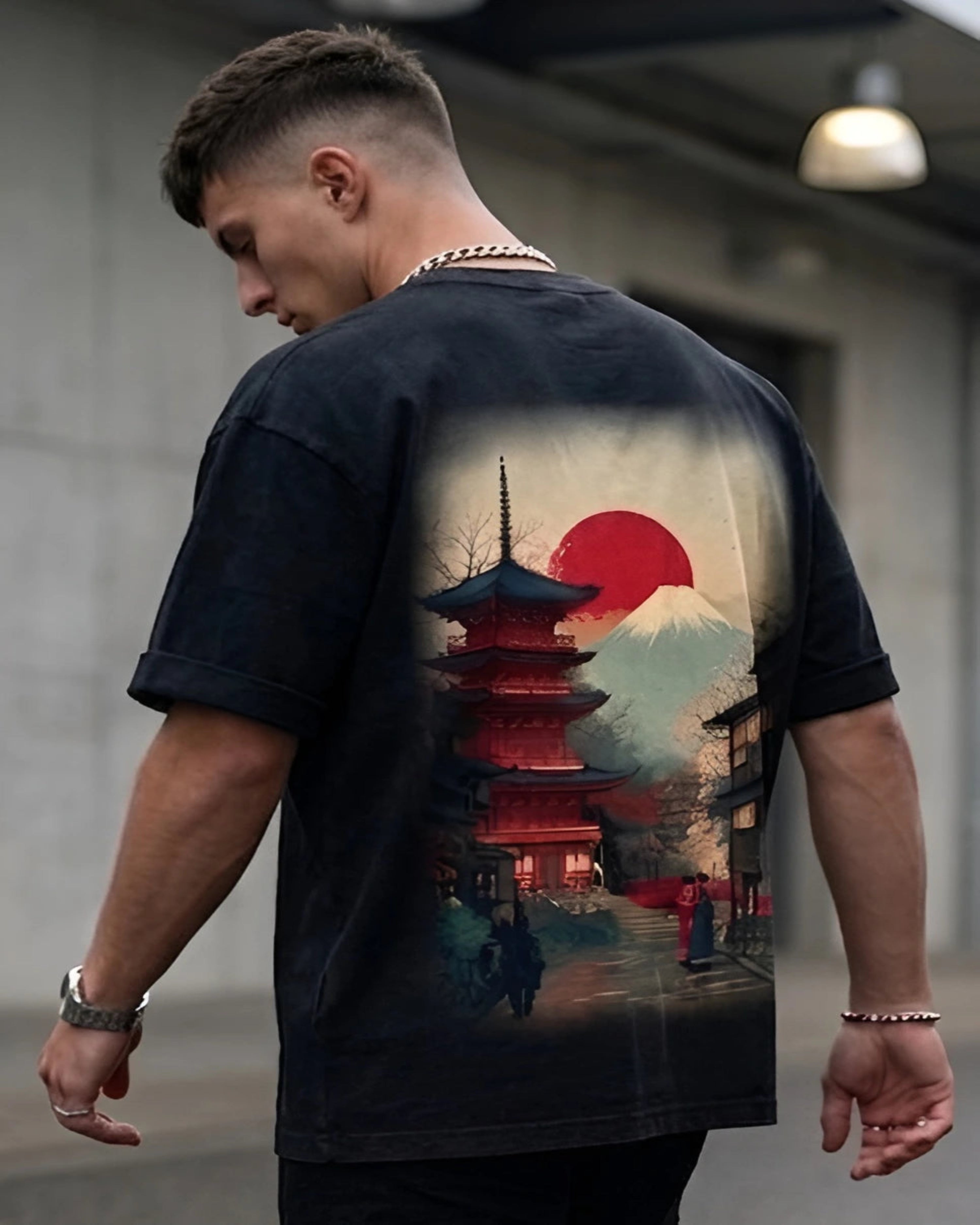Mount Fuji Men's Black Oversized T-Shirt (240 GSM)