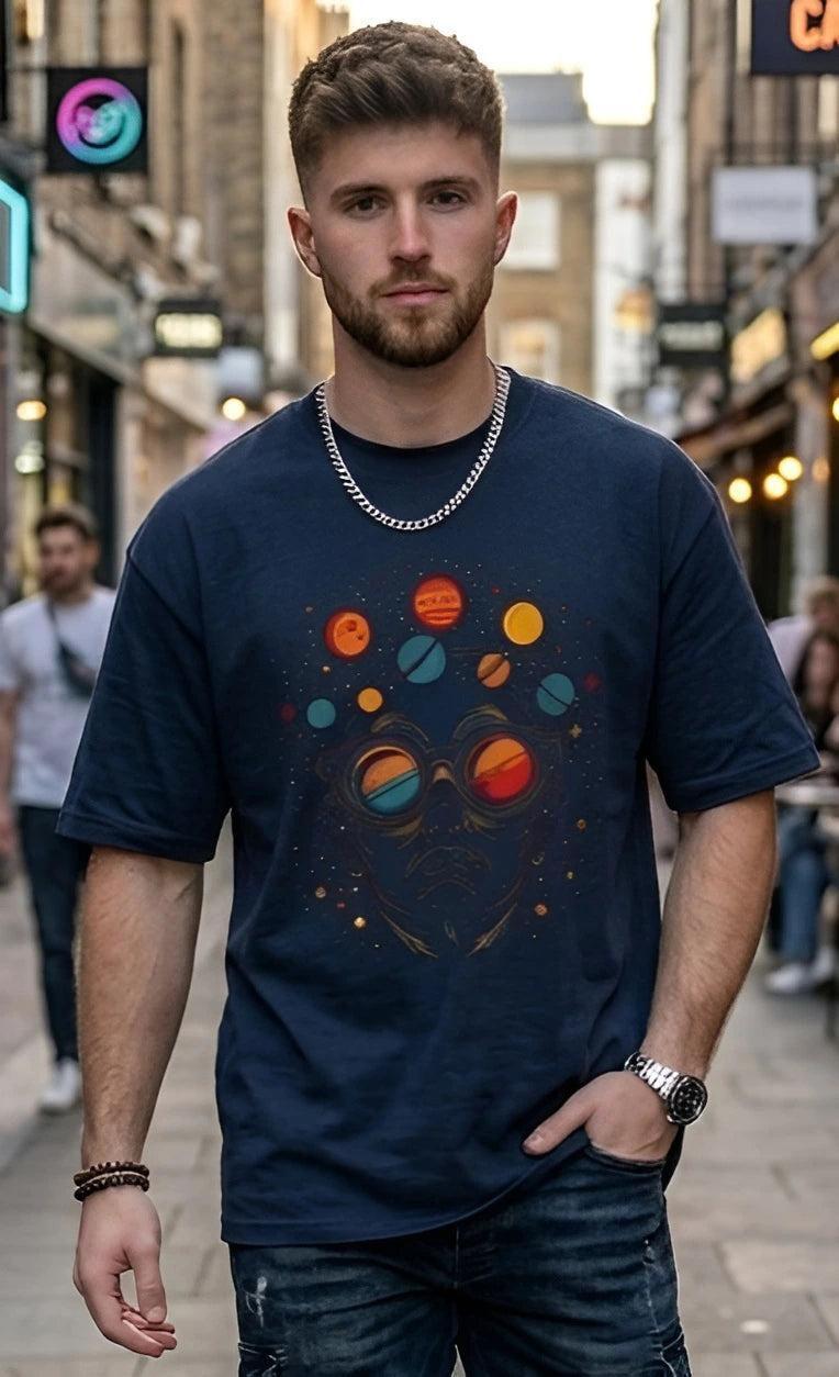 Cosmic Planets Graphic Men's Navy Blue Oversized T-Shirt (240 GSM)