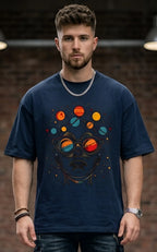 Cosmic Planets Graphic Men's Navy Blue Oversized T-Shirt (240 GSM)
