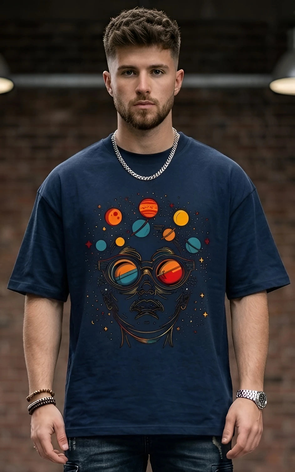 Cosmic Planets Graphic Men's Navy Blue Oversized T-Shirt (240 GSM)