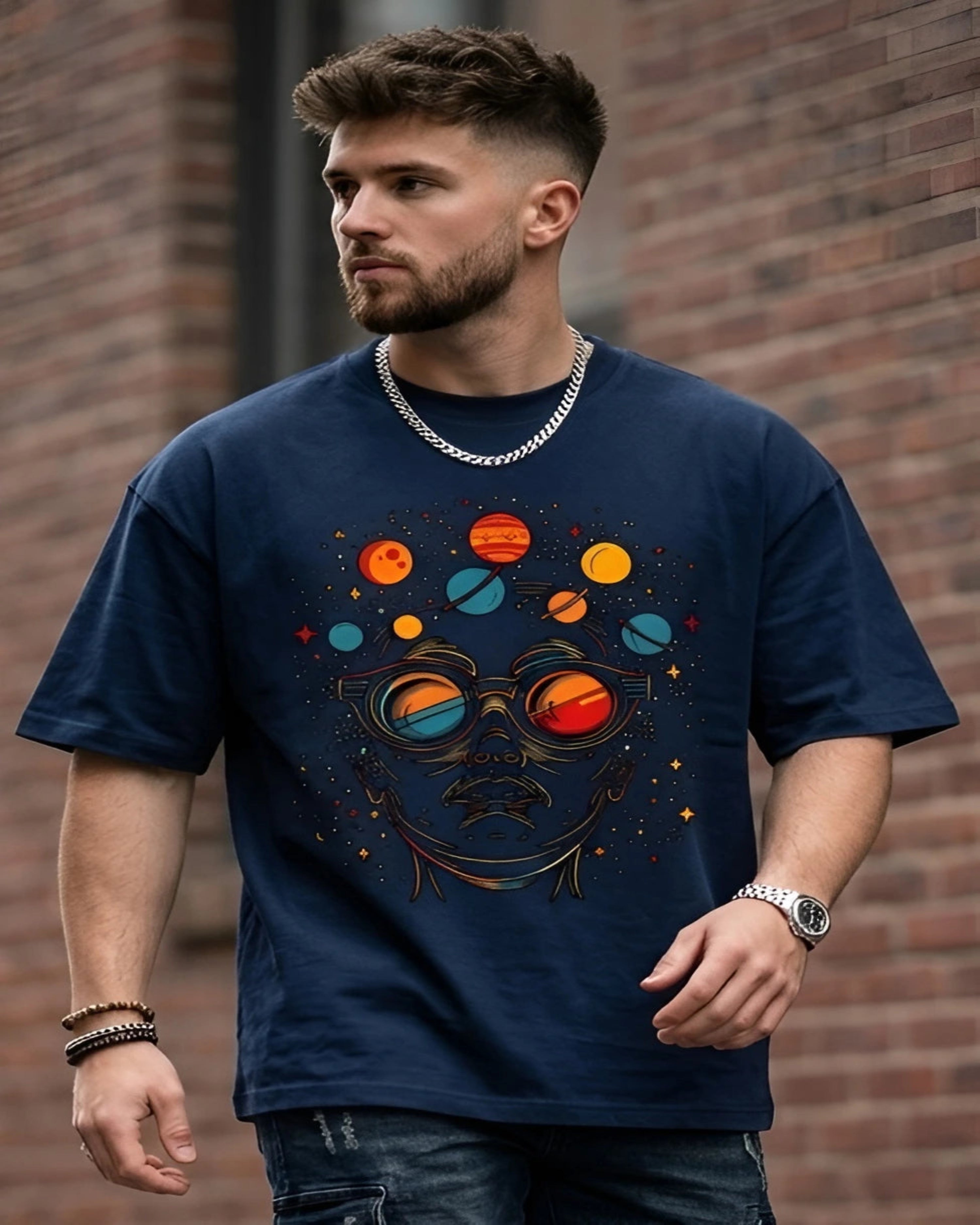 Cosmic Planets Graphic Men's Navy Blue Oversized T-Shirt (240 GSM)