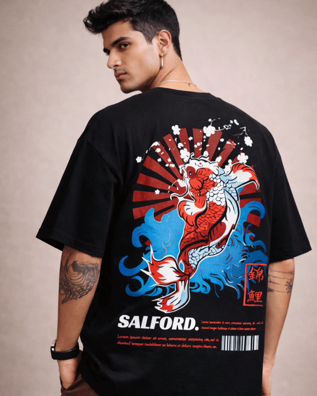Black Koi Fish Japanese Graphic Men’s Oversized T-Shirt (240 GSM)