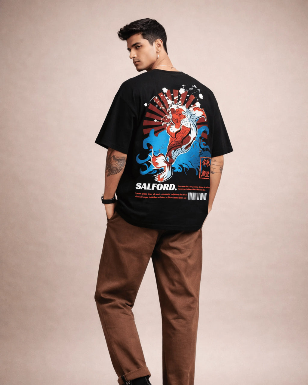 Black Koi Fish Japanese Graphic Men’s Oversized T-Shirt (240 GSM)