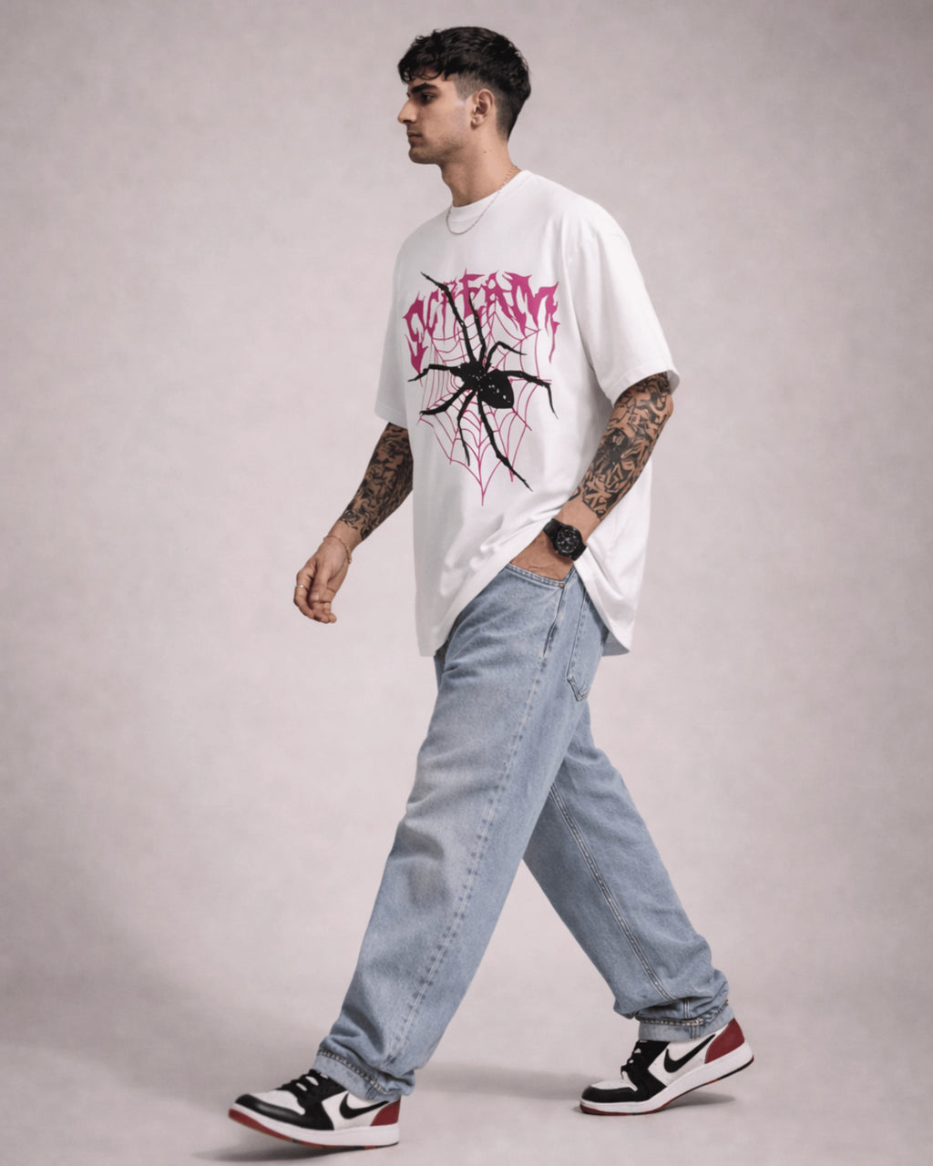 White Spider Web Graphic Men’s Oversized T-Shirt (240 GSM)