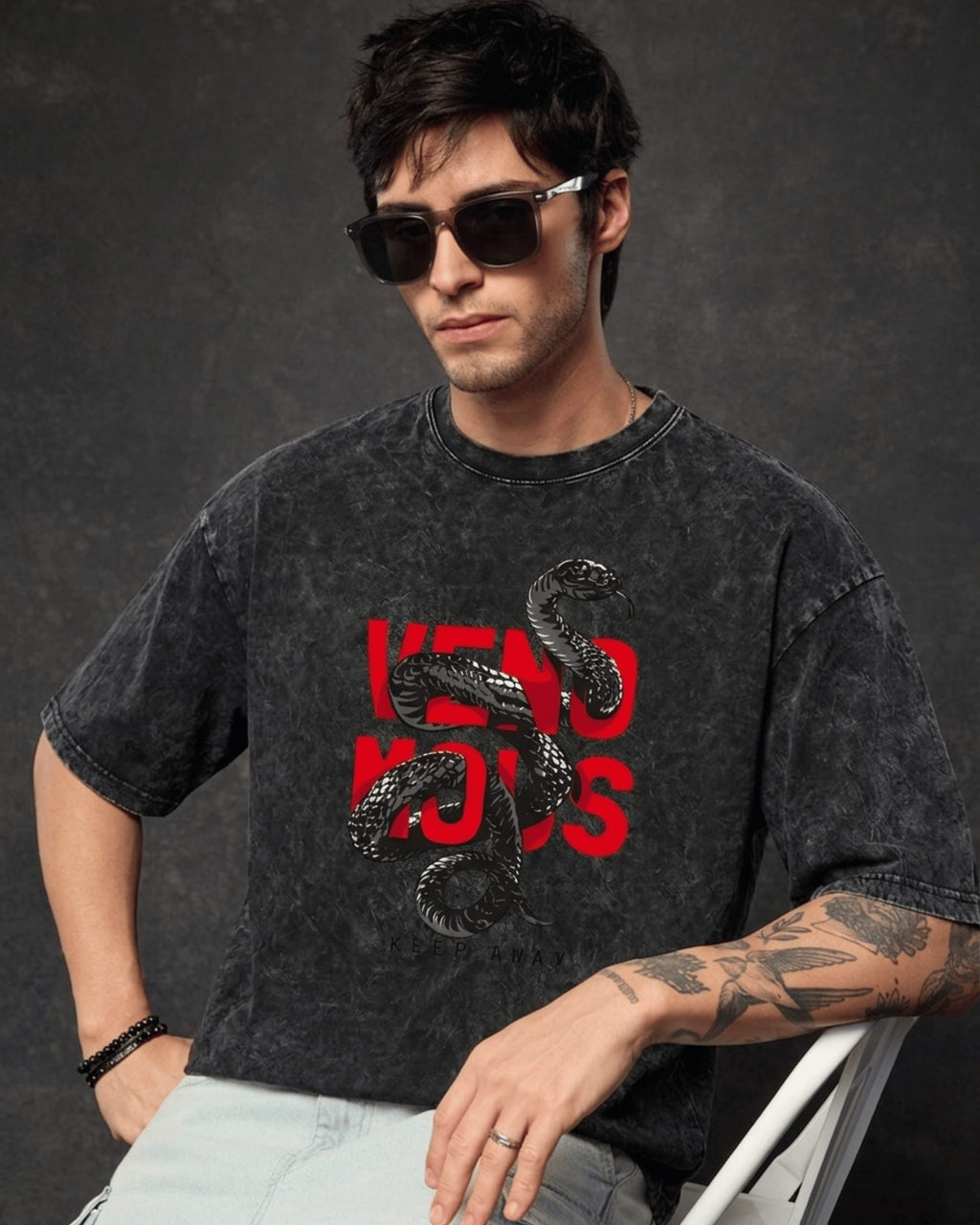 Venomous Cobra Streetwear Graphic Men's Black Acid Wash T-Shirt (240 GSM)